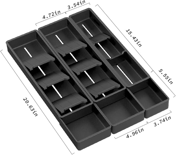 Silverware Drawer Organizer with Expandable Panel & Removable Dividers – Fits 15.67" to 21.18" Kitchen Drawers, Space-Saving Utensil Storage Solution (SPACE BLACK, W13.6 x L15.7 inches)