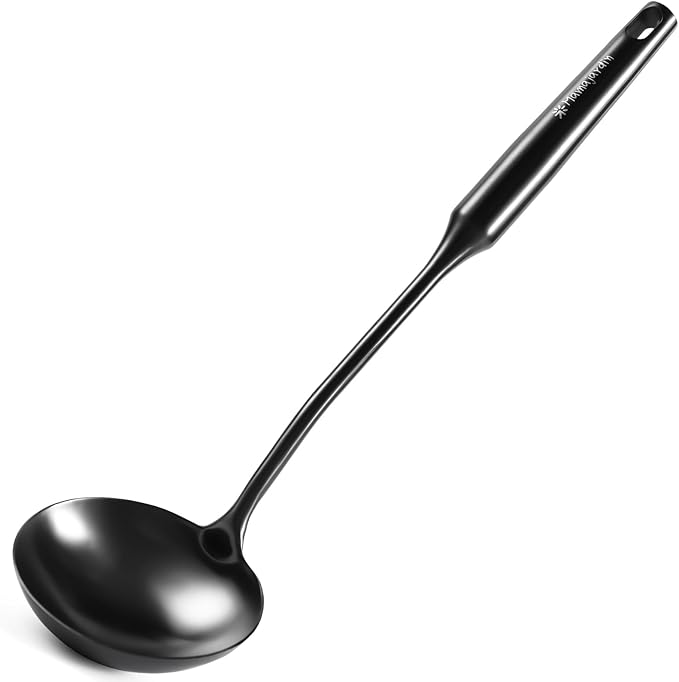 Soup Ladle - 18/10 Stainless Steel Ladle Spoon, 13.8" Large Soup Spoons, Resilient Kitchen Metal Ladel for Cooking, Serving, Stirring, Canning，Sauce, Wok & Soup，Black, Christmas Gifts