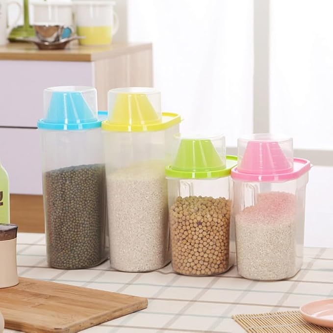 SHOWERORO Airtight Food Storage Container with Pour Spout and Measuring Cup Clear Plastic Cereal Keeper for Rice Grains Oatmeal Sugar Nuts Beans 8.26X6.29X3.14 Inches