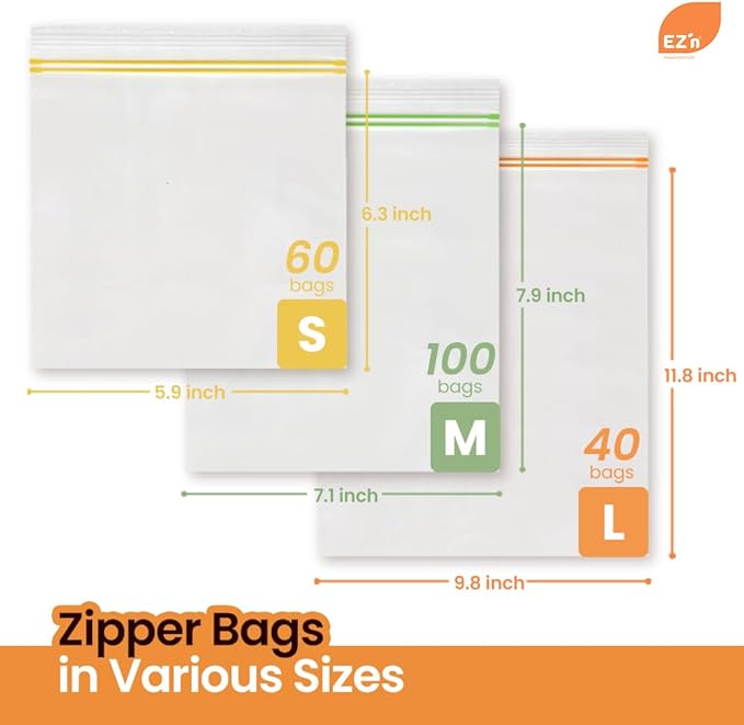 EZ'n Standard Double Zipper Food Storage Bags – Variety Pack, S,M,L Size, Durable, BPA-Free, Leakproof & Freezer Safe Resealable Plastic Bags - Made in Korea