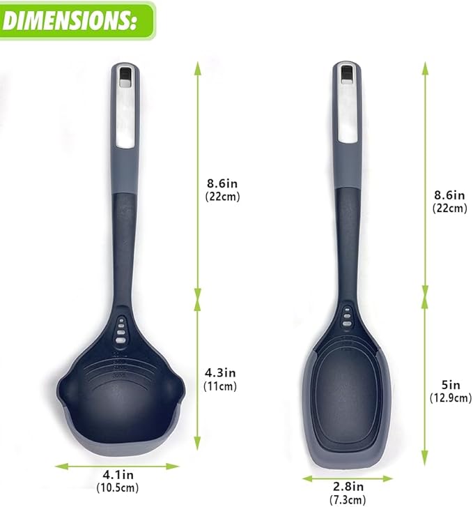 Flexible & Sturdy Kitchen Ladle Spoon Set for Nonstick Pots n Pans | Heat-Resistant Soup Ladle Canning Serving Spoons with Measurement Marks | Dishwasher Safe Cooking Utensil Tools