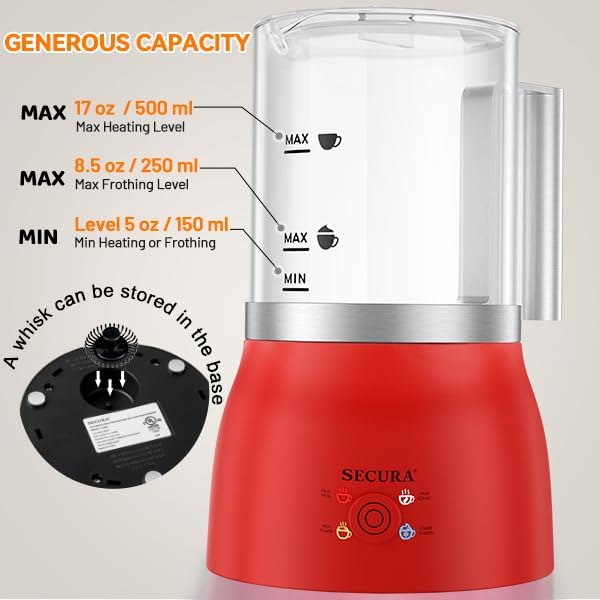 Secura Detachable Milk Frother and Steamer, 17oz Electric Milk Warmer 4-in-1 Hot/Cold Foam Maker, Teflon-Free and Non-Stick Coating-Free Glass Milk Jug, Dishwasher Safe for Latte, Hot Chocolate (Red)