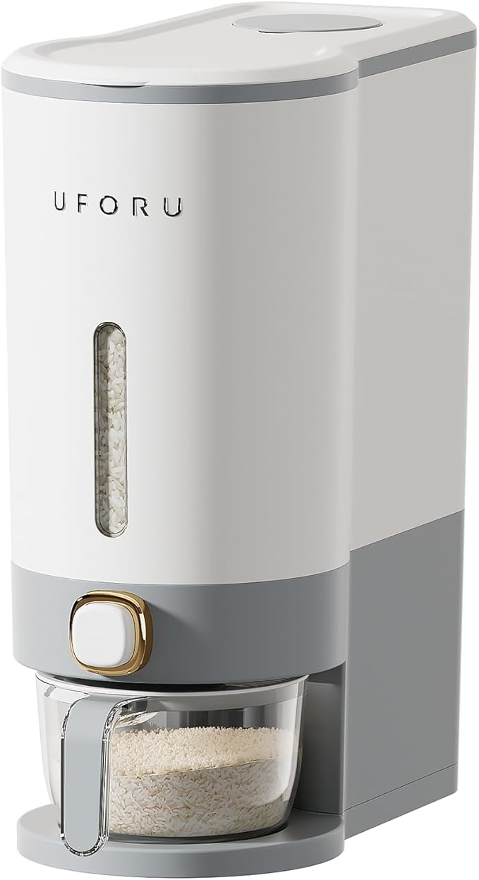 Rice Dispenser, Rice Storage Container with Measuring Cup for Kitchen Pantry Household, Cereal Dry Food Storage Containers Airtight, Sealed Moisture Proof, (Gray 22 Lbs)