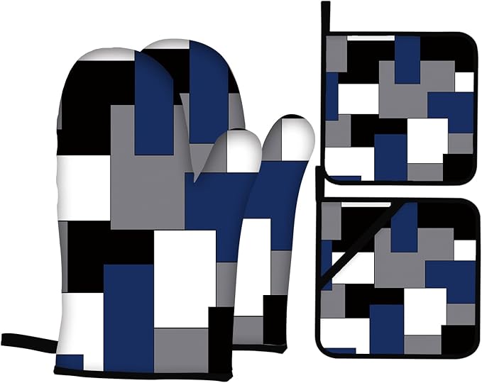 Blue Black Grey Oven Mitts and Pot Holders Sets of 4 Geometric Oven Mitts Oven Gloves Pot Holders and Oven Mitts for Kitchen Baking Cooking Grilling (Blue)