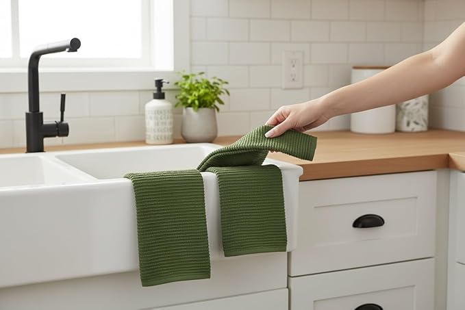Serafina Home Avocado Forest Green Kitchen Hand Dish Towels: Oversized 28" x 18",100% Cotton Cloth Soft Cleaning Drying Absorbent Ribbed Design, Set of 3 Multipurpose for Everyday Use (Moss Green)