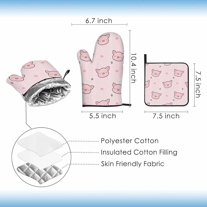 Pink Pig Oven Mitts and Pot Holders Sets Kawaii Face Lovely Heat Resistant 3pcs for Cooking Baking BBQ