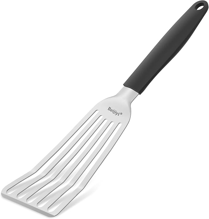 Beijiyi Fish Spatula, 11.7" Stainless Steel Slotted Turner with Silicone Handle, Metal Spatula for Cast Iron Skillet, Kitchen & Grilling Cooking Fish, Egg and Burger, Dishwasher Safe