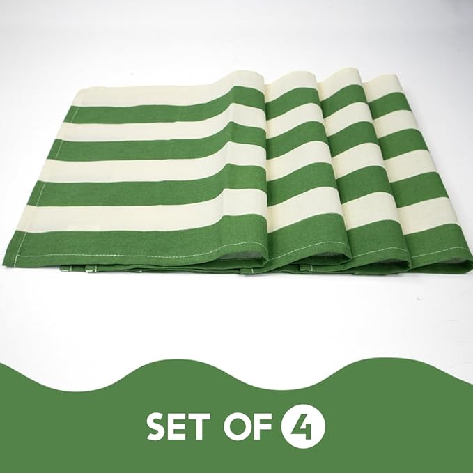 Folkulture Placemats Set of 4 (13 x 18) | 100% Cotton, Heat Resistant, Machine Washable Striped Place Mats | Green & White Rectangular Cloth Table Placemats for Dinner, House Warming Gifts New Home