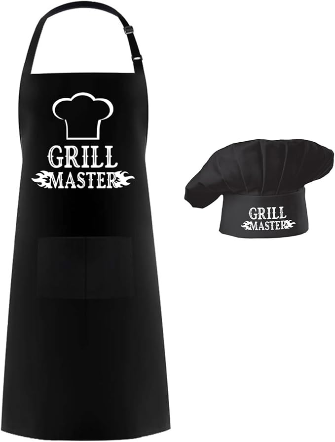 Hyzrz Chef Apron Hat Set,Adjustable Chef Hat and Apron Baker Costume with Pocket for Kitchen Grill BBQ Fathers Mothers Gift