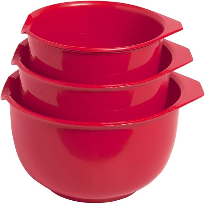 Glad Mixing Bowls with Pour Spout, Set of 3 | Nesting Design Saves Space | Non-Slip, BPA Free, Dishwasher Safe Plastic | Kitchen Cooking and Baking Supplies, Red