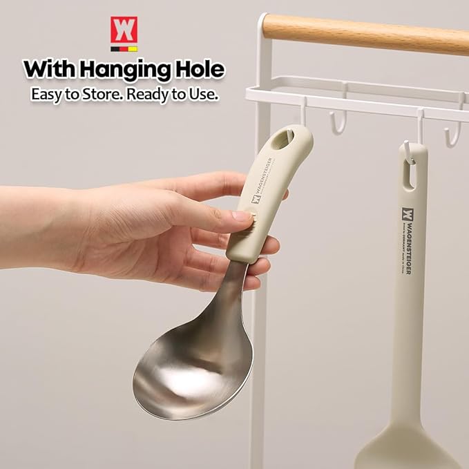 Short Stainless Steel Ladle 220mm (8.6”) – SUS304 Thick Deep Bowl Head with Soft-Grip Silicone Handle – Lightweight Mini Soup & Serving Spoon for Cooking – 5 Color Options (Ivory)