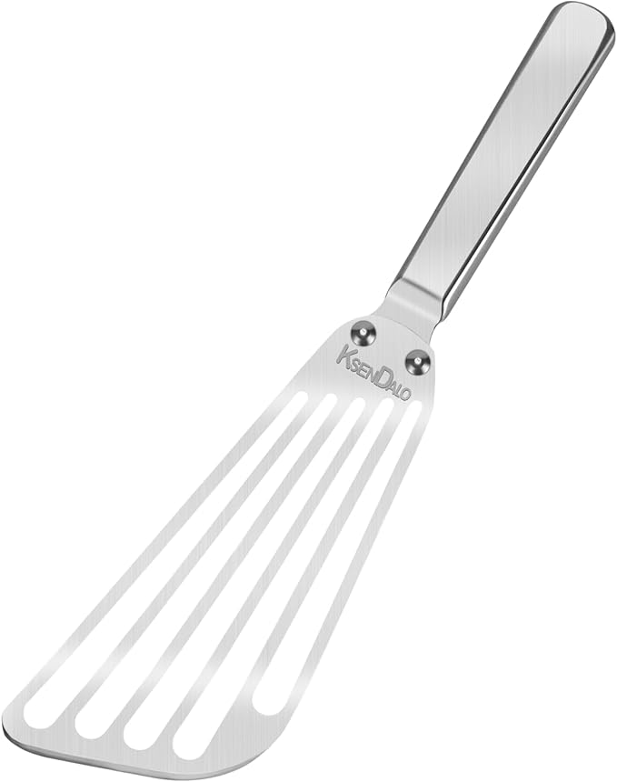 KSENDALO Stainless Steel Fish Spatula - Metal Thin Slotted Turner for Kitchen Cooking, Flexible Egg Flipper with Blade with Riveted Handle for Cooking, Hollow Grip Design (1 Pack)