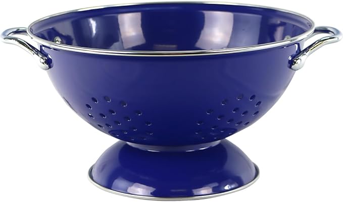 Reston Lloyd, 3 Quart Powder Coated Steel Kitchen Strainer Basket for draining Pasta, Vegetable and Fruit, Chrome Handles and Wide Stable Base, Indigo