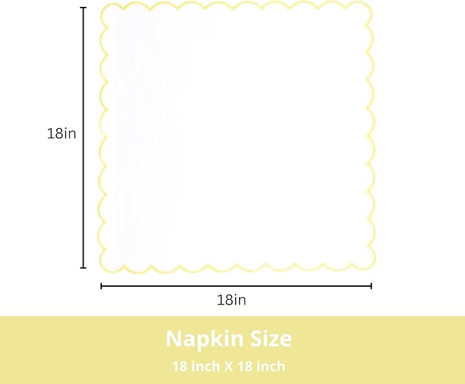 PurpleEssences Scalloped Embroidery Cloth Napkins - Spring Easter Summer - Table Decor - 100% Cotton - Set of 4-18x18 inch - White - Edges - Yellow