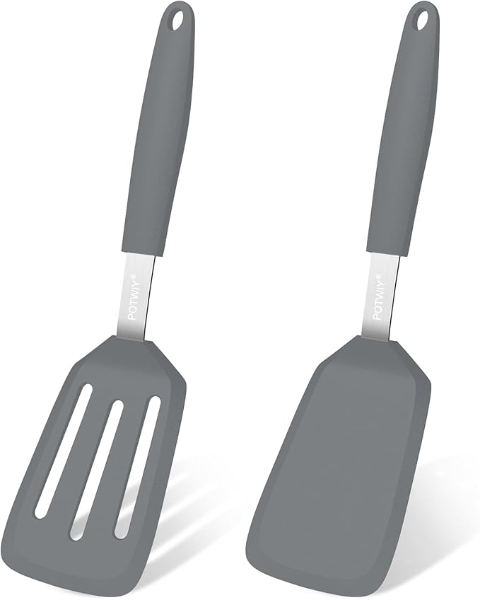 2 Pack Silicone Spatula Set, 600°F Heat Resistant Kitchen Spatula, BPA Free Solid & Slotted Turner, Flexible Cooking Utensils for Non Stick Frying Pan, Flipper for Eggs and Pancakes (Gray)