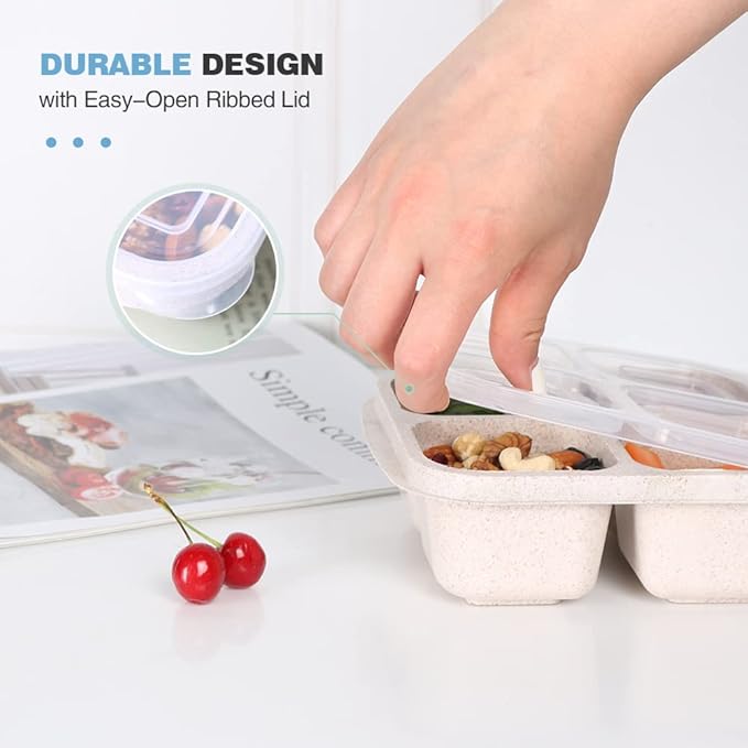 4 Pack Snack Containers, 4 Compartments Bento Snack Box, Reusable Meal Prep Lunch Containers for Kids Adults, Divided Food Storage Containers for School Work Travel