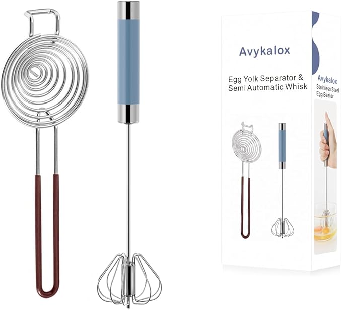 Semi Automatic Whisk & Egg Yolk Separator, Stainless Steel Mini Hand Push Whisk, Hand Mixer Egg Beater Wisking Tool & Egg Separator for Raw Eggs Set, for Cooking, Baking