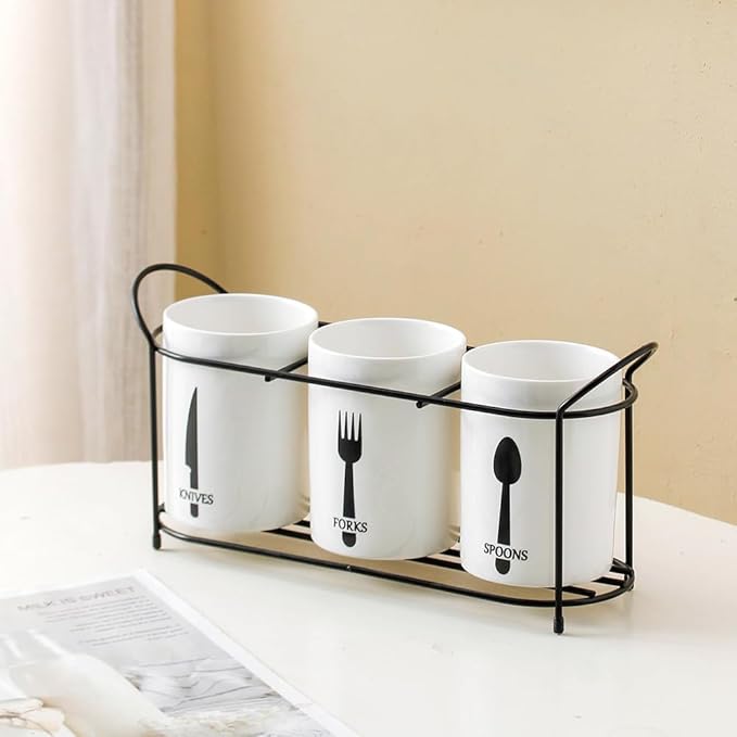 3-Piece White Ceramic Silverware Holder for Party Countertop, Utensil Holder with Black Metal Rack Flatware Caddy Cutlery Storage Organizer for Kitchen Table (White+Black B)