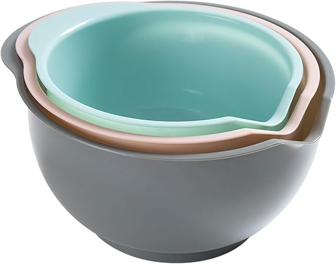 Nesting Plastic Mixing Bowls, Set Of 3, 1.5 quart, 2 quart, 2.5quart, Nesting Bowls with Non Slip Base and Easy Pour Spout, Dishwasher Safe (Green Pink Grey)