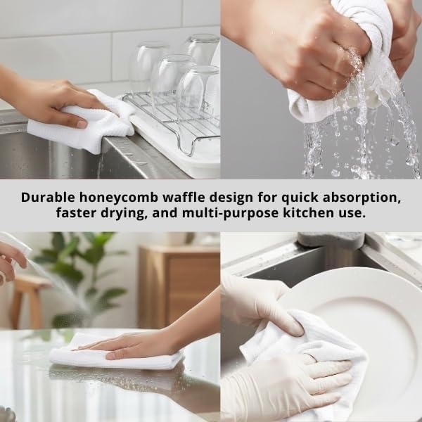 PurpleEssences Dish Cloths and Dish Rags - 8 Pack Waffle Weave Solid Kitchen Dish Wash Cloths, 100% Cotton, 12x12 Inches, Ultra Soft Absorbent Quick Drying - Spring Easter Summer - White