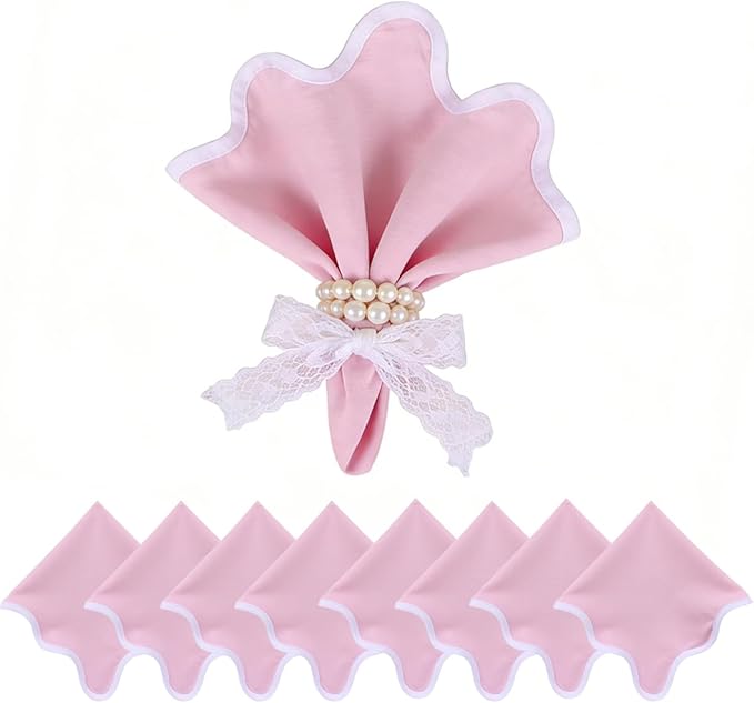 Scallop Linen Napkins Set of 8-Linen Blended Napkins,Pink and White Dinner Napkins Cloth 17 Inch - Giselle Scallop Edge, Handcrafted and Machine Washable - Easter, Spring