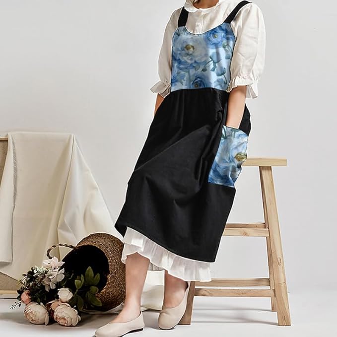 Uaussi Cotton Linen Apron Cross Back Work Apron for Women with Pockets Pinafore Dress X Cross Halter Apron for Chef Gardening