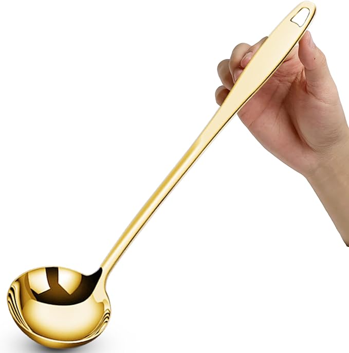 Soup Ladle Soup Spoons 304 Stainless Steel Gold Ladle, 12.2Inch Long Handle Large Serving Spoon for Cooking Buffet, Party, Kitchen, Gold
