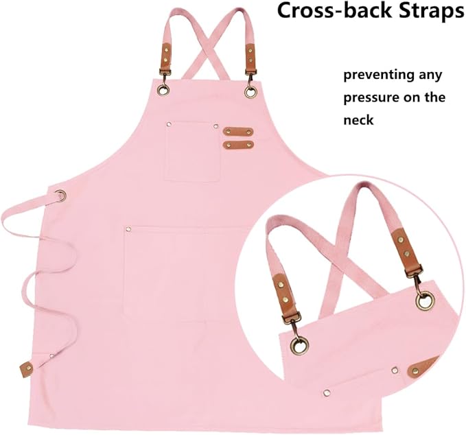 Chef Apron with Large Pockets for Women Men, Cotton Canvas Cross Back Water Repellent Adjustable Work Apron