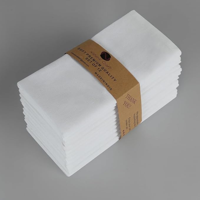NATURALCRAFT White Cloth Napkins Set of 12 Cotton Linen Absorbent Soft Durable Easter Reusable and Washable Fabric Napkin -Ideal for Hotel Dinner Farmhouse Party Wedding Dinner Spring Everyday Use