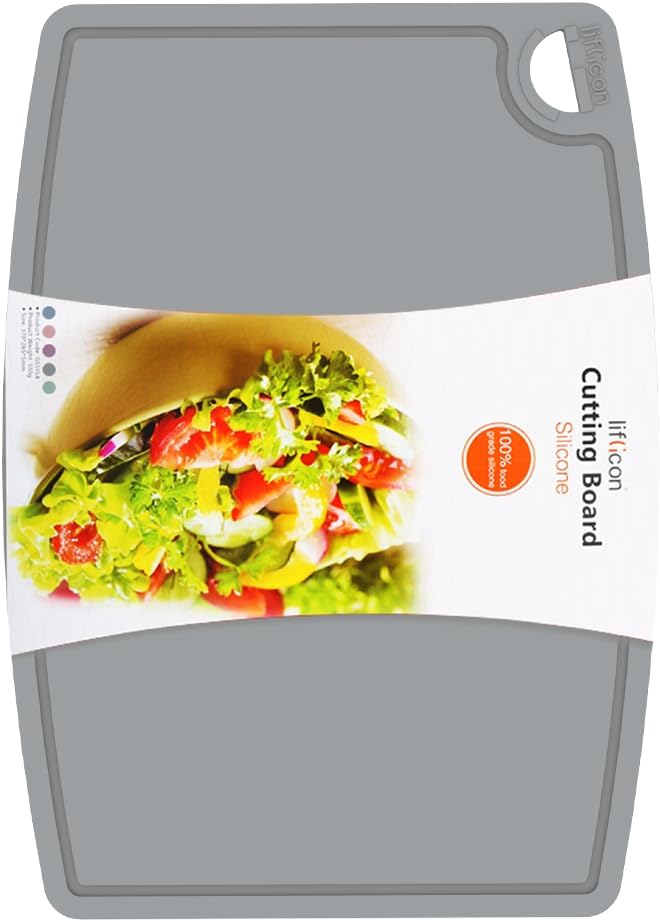 Liflicon Thick Silicone Cutting Board 12.6'' x 9.1'' Foldable & Flexible Design Juice Grooves Easy Grip Handle Dishwasher Safe-Gray