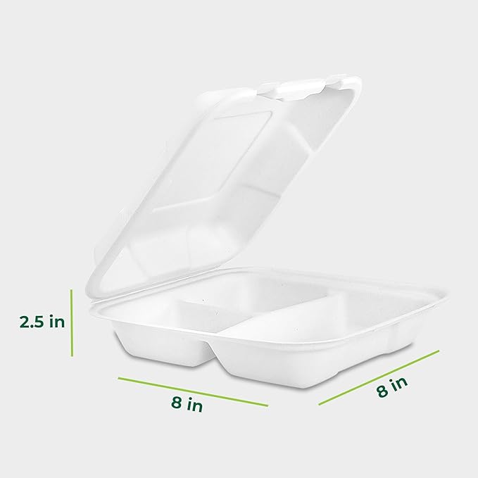 Freshware Clamshell Food Containers with Lids [8x8"] 3-Compartment 50-Pack, Disposable To Go Containers, Biodegradable Sugarcane To Go Boxes - Paper Containers - Microwave & Freezer Safe, Stackable