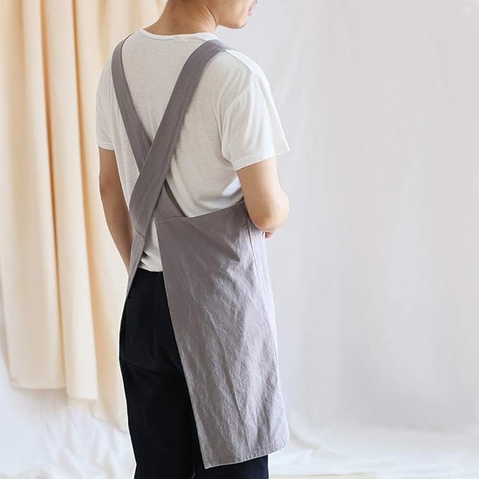 NEWGEM Japanese Cotton Linen Cross Back Cooking Apron for Women Men with Pockets Cute for Baking Kitchen