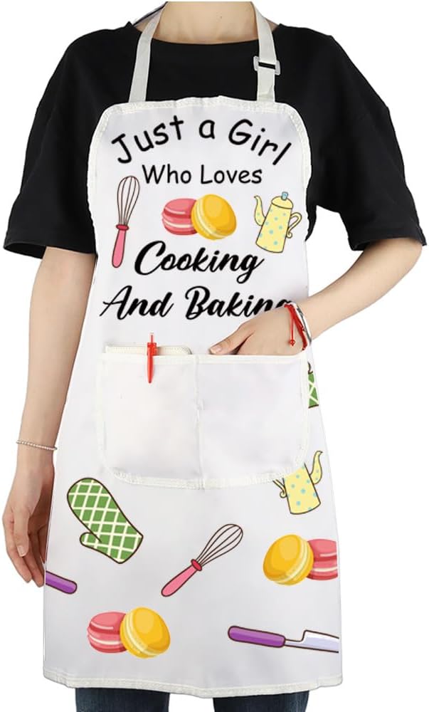 VAMSII Cooking Apron with Pockets Girls Chef Apron BBQ Baking Kitchen Apron for Girl Just a Girl Who Loves Cooking and Baking
