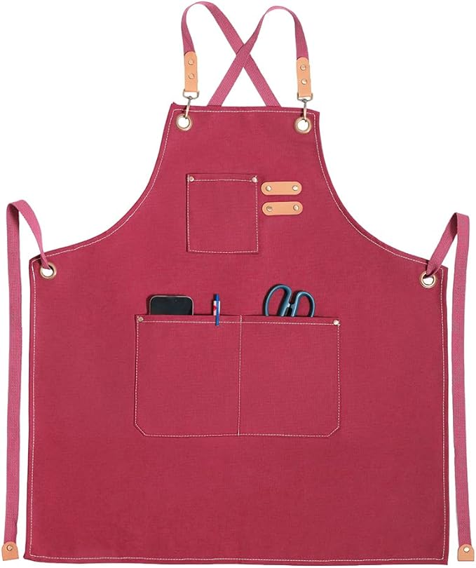 Chef Apron for Women Men with Pockets, Cotton Canvas Cross Back Adjustable Gardening Apron