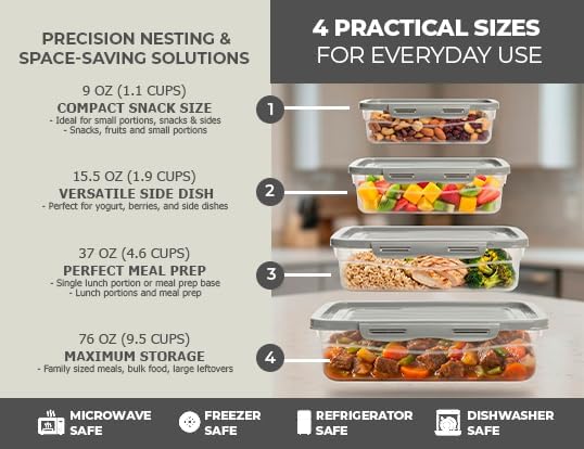 GIOTTO FreshStack Rectangular Plastic Food Storage Containers with Lids Set of 4 9oz, 15.5oz, 37oz, 76oz Perfect for Kitchen Storage, BPA Free, Airtight, Leakproof, Microwave & Freezer Safe