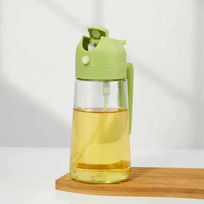 2-in-1 Oil Sprayer & Pour Bottle for Cooking – 470ml Glass Olive Oil Dispenser with Leak-Proof Stainless Steel Nozzle, Fine Mist Spray for Healthy Cooking, Air Fryer & Salad (Green)