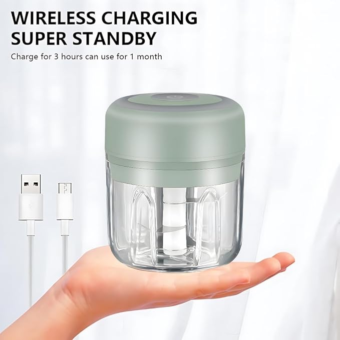 Mini Electric Food Processor & Garlic Chopper, 250ML USB Rechargeable, One-Touch Cordless Chopper with 3 Stainless Steel Blades for Garlic, Onion, Vegetables & Baby Food (Green)