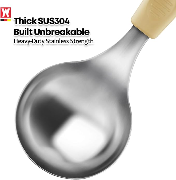 Short Stainless Steel Ladle 220mm (8.6”) – SUS304 Thick Deep Bowl Head with Soft-Grip Silicone Handle – Lightweight Mini Soup & Serving Spoon for Cooking – 5 Color Options (Yellow)