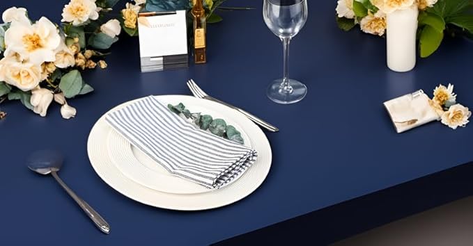 Plain Striped Cotton Linen Blended Dinner Cloth Napkins - Set of 12 (40 x 30 cm) - for Events & Home Use (Navy)