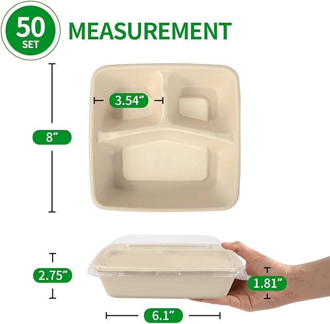 bloomoon 3 Compartment 8x8 inch Take Out Lunch Box Containers with Lids, Disposable 3 Compartment Meal Prep Bento Box Containers, 50 Bowls 50 Lids