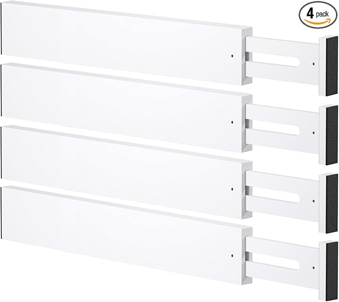 Bamboo Drawer Dividers,17-22" Adjustable Kitchen Drawer Organizer for Clothes,4 Pack Expandable Drawer Organization Separators for Bedroom,Bathroom,Dresser and Office,White