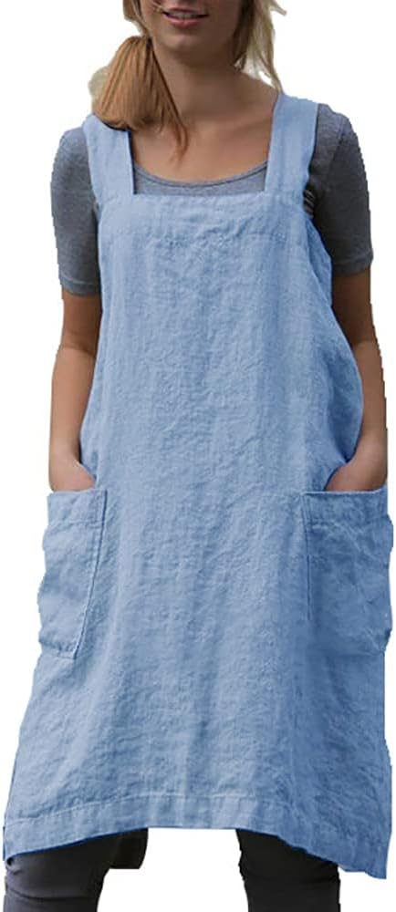 VLZUFE Cotton Linen Apron for women Cross Back Apron Pinafore Dress for Baking Cooking Gardening Work