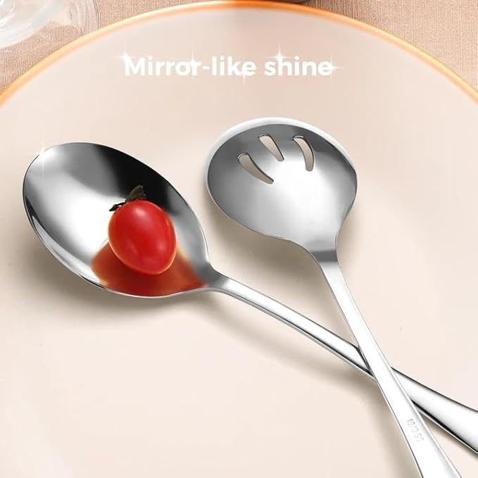 Stainless Steel Serving Spoons Set, 6pc, 10-Inch, Includes 3 Large, 3 Slotted, for Parties/Kitchen/Buffet/Catering, Dishwasher Safe