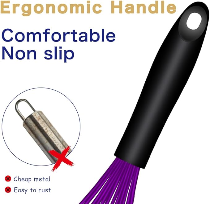 OYV Dishwasher Safe Purple Silicone Whisk, Sealed Waterproof Design Set of 3, Professional Kitchen Whisks for Cooking Non-Scratch, Silicone & Stainless Steel Whisk, Heat Resistant Balloon Egg Beater