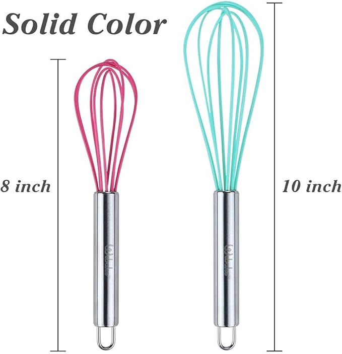 Webake 8 Inch and 10 Inch Silicone Whisk Set of 4, Egg Beater Whisk Balloon Egg Sauce Whisk with 6 Wires, French Whisk Stainless Steel Mini Silicone Whisk for Nonstick Cookware,Solid Color
