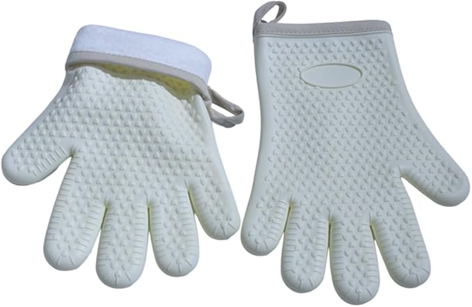 Extra Long Heat Resistant Silicone Oven Mitts Set, Non-Slip Cooking Gloves with Quilted Cotton Liner, Flexible Waterproof Pot Holders for Baking, BBQ, Grilling – 2-Pack (Creamy White)