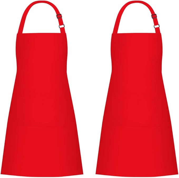 Jubatus 2 Pack Bib Aprons with 2 Pockets Cooking Chef Kitchen Apron for Women Men, Red