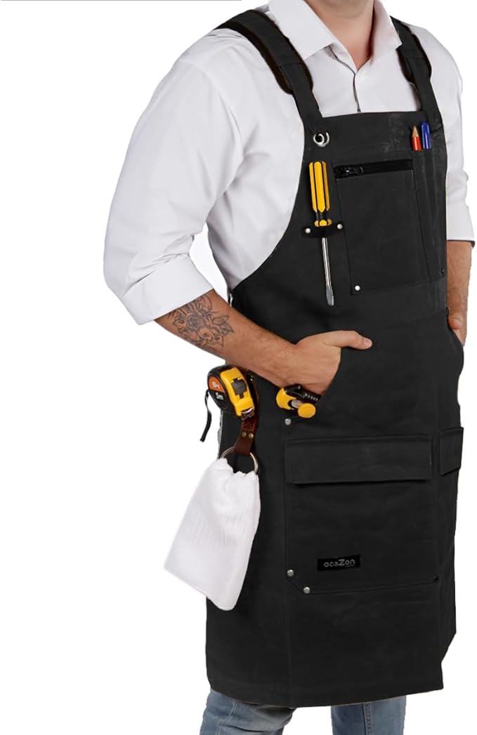 ecoZen Lifestyle Men's Carpenter Apron - Heavy Duty Waxed Canvas Workshop & Woodworking Tool - Fully Adjustable S-XXXL - Woodworking Tools - Aprons for Men