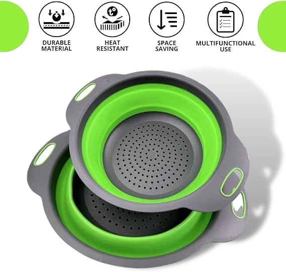 Green Round Silicone Collapsible Colander – Silicone Round Small Kitchen Strainers with Plastic Handles Foldable Kitchen Strainer Perfect for Draining Pasta Vegetable and Fruit