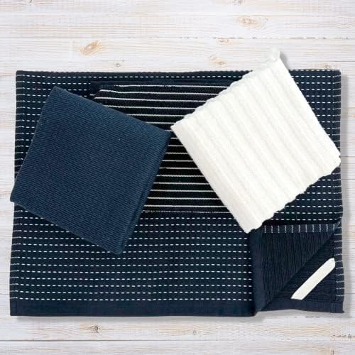 Oversized White Dark Navy Blue Kitchen Towels: 100% Cotton Soft Absorbent Assortment Ribbed Terry Loop, Set of 4 Multipurpose for Everyday Use (Navy Blue)
